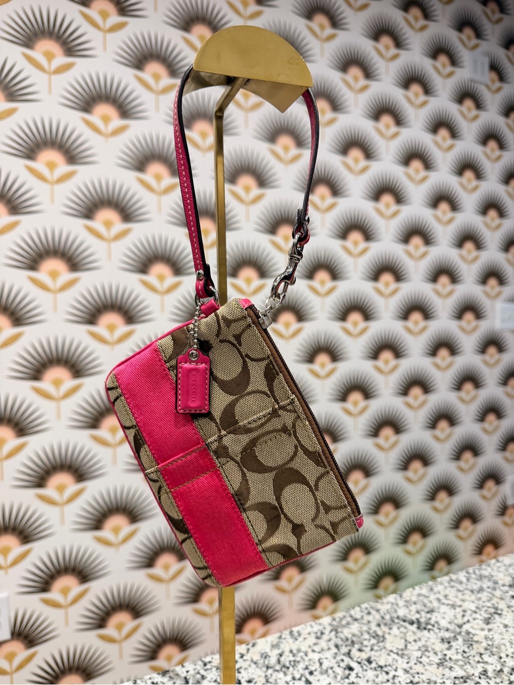 Coach Signature Canvas Wristlet in Brown and Hot Pink